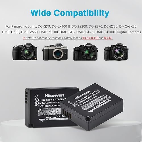 Miniatura 3 de Hisewen DMW-BLG10 DMW-BLG10PP DMW-BLE9 Batería 2 piezas, cargador dual para Panasonic Lumix DMC-GX85 DMC-GX80 DMC-ZS60 DMC-ZS100 DMC-GF3 DMC-GF5