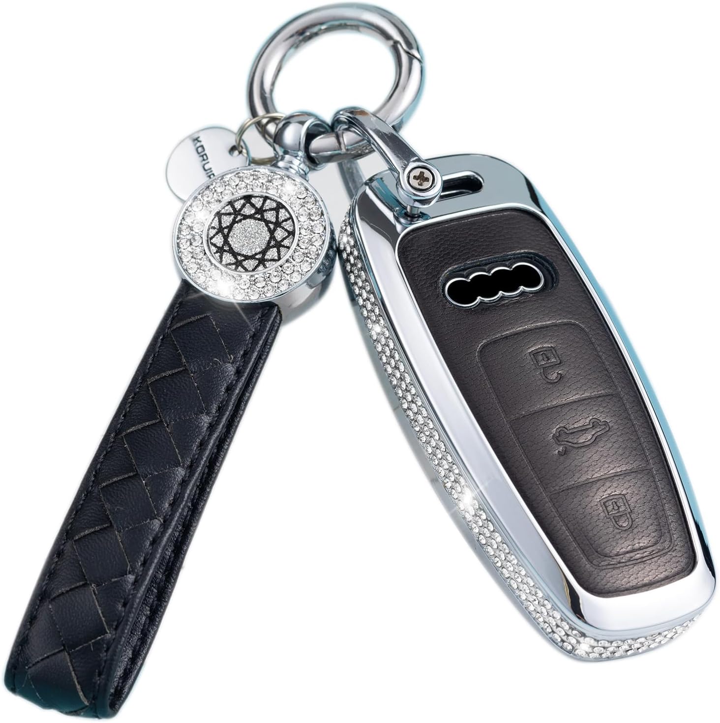 Compatible with Audi Key Fob Cover with Keychain Genuine Leather Crystal Full Protection Key Case Shell Fit for Audi A4 Q7 Q5 TT A3 A6 SQ5 R8 S5 Smart Key-White