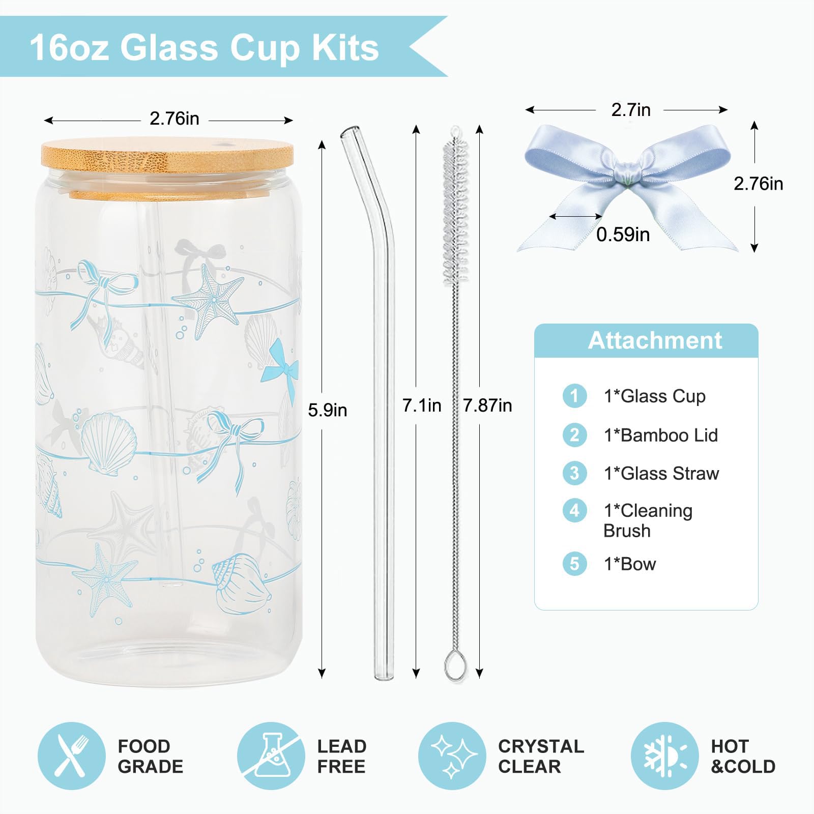 Ocean Animals Glass Cup with Lid and Straw, 16oz Iced Coffee Cup Tumbler Beach Gifts for Women Teen Girls Valentines Gifts for Mom Wife Sister Friends Colleagues Beach Lovers