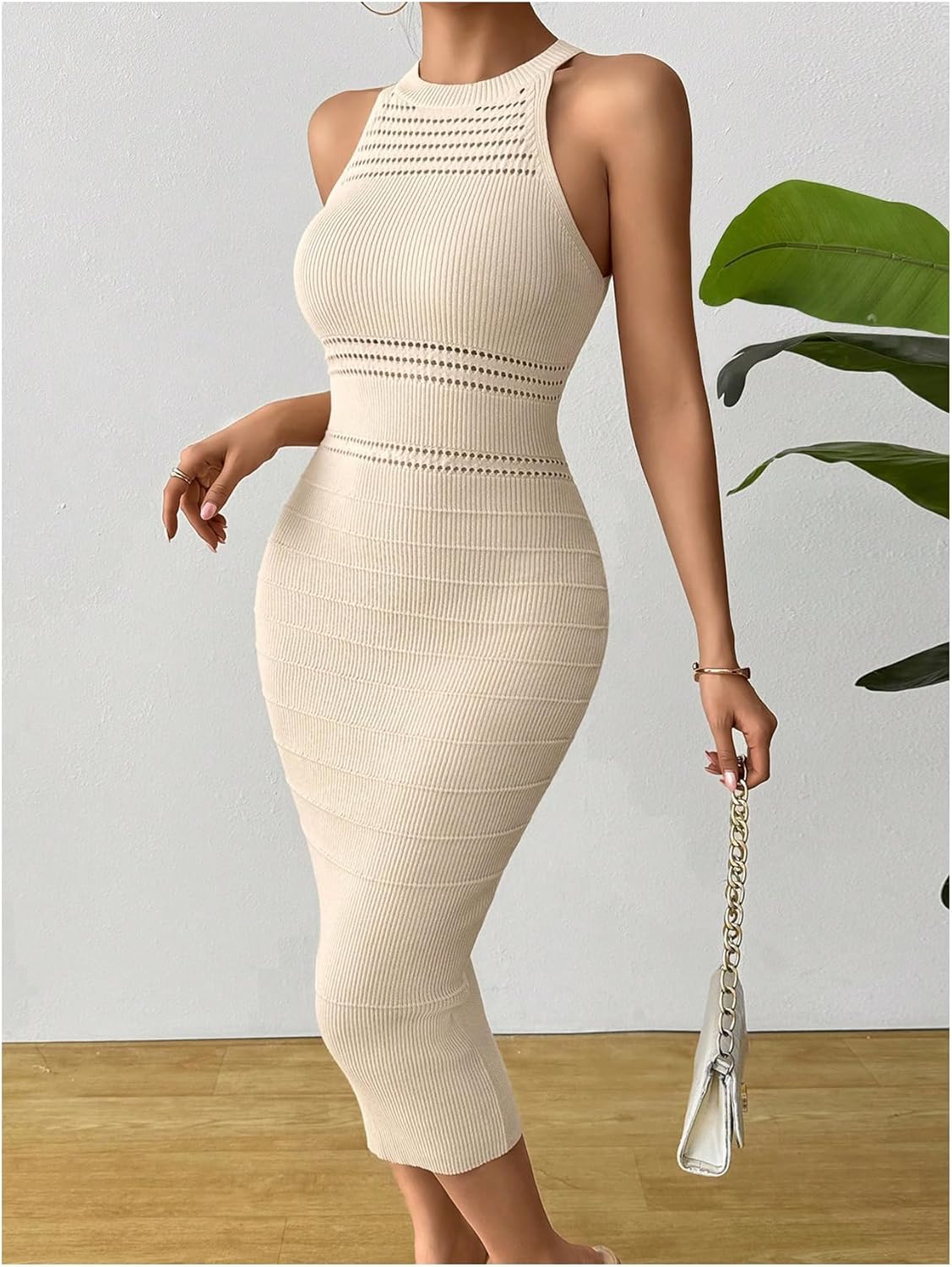 GORGLITTER Women's Crochet Halter Dress Prom Wedding Guest Dress Sleeveless Knit Bodycon Midi Summer Going Out Sundress - Image 3