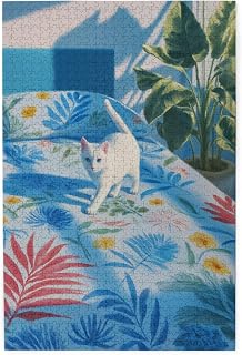 White Cat Walking Across A Bed Jigsaw Puzzle 1000 Piece,20x30 Inches Wooden Picture Jigsaw Puzzles for Adult Family Game