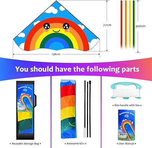 Miniatura 5 de HONBO Cometa Delta grande para niños y adultos, extremadamente fácil de volar para viajes a la playa, línea de cuerda incluida, con cola colorida