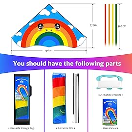 Huge Rainbow Delta Kites for Kids and Adults-60 Wide with 9.5\' Long Tail- Easy Flyer - Kit Line and Swivel Included- Good for Outdoor Games and Summer The Beach Toys for Kids
