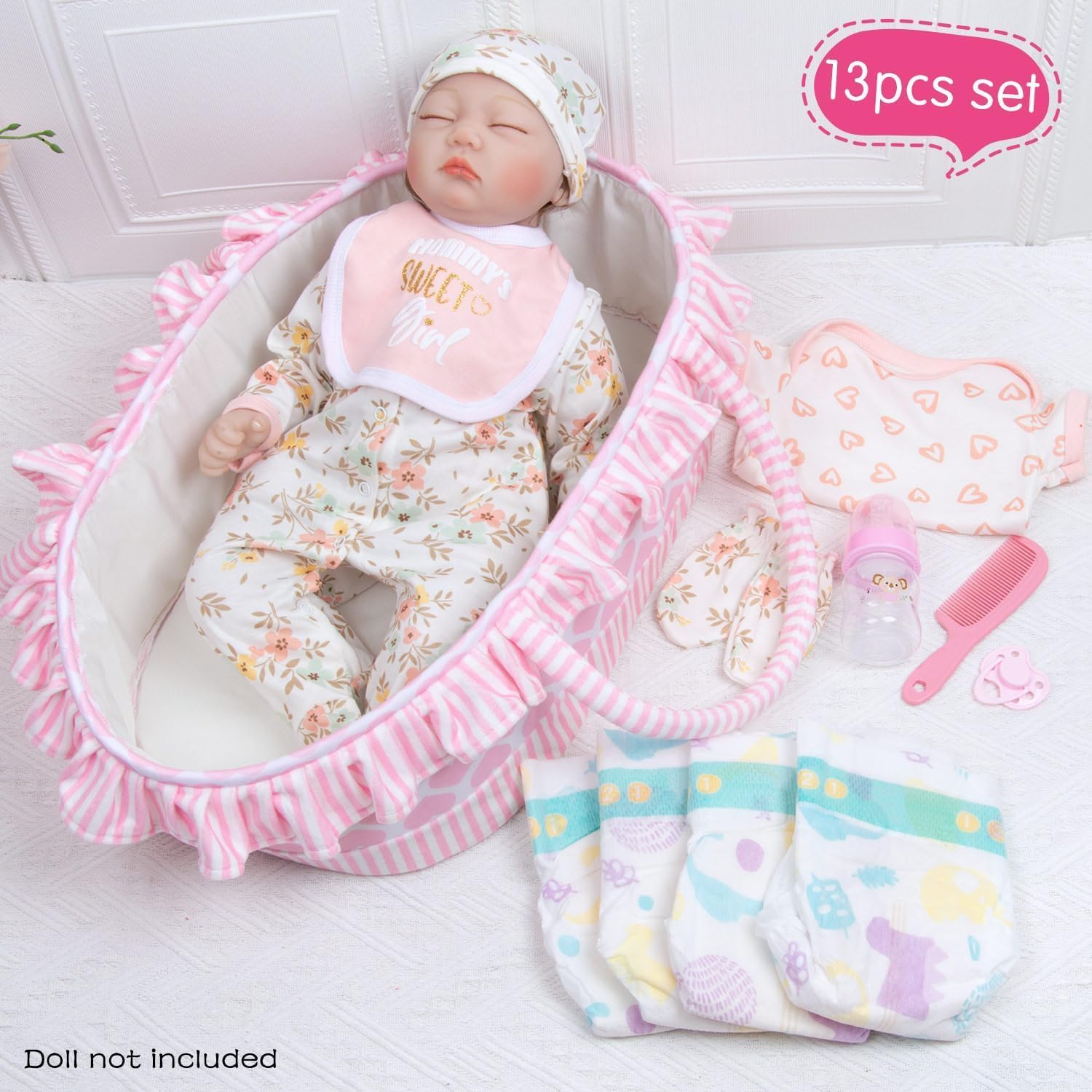 13 Pcs Reborn Baby Doll Clothes with Bassinet Pacifier Diaper fit 17-22 inch Reborn Dolls Cute Pink Baby Doll Clothes Accessories Set