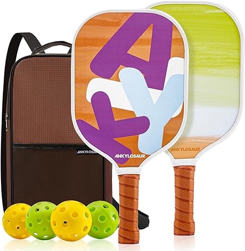 ANKLOSAUR Juego de 2 palas de pickleball con superficie de carbono avanzada, incluye 1 bolsa de transporte portátil y 4 bolas de pickleball, niveles