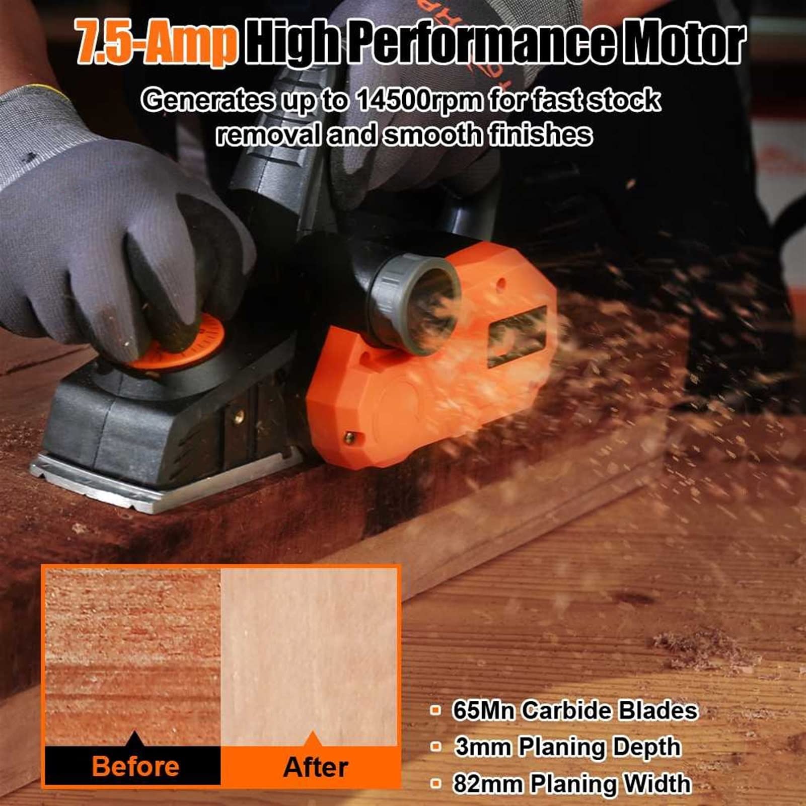 7.5-amp 900W Electric Planer 14500RPM 82mm Taglio di Legno Palmare Potente Strumento Potente con profondità di Taglio Regolabile da 3 mm YIJIAN (Size : -EU)