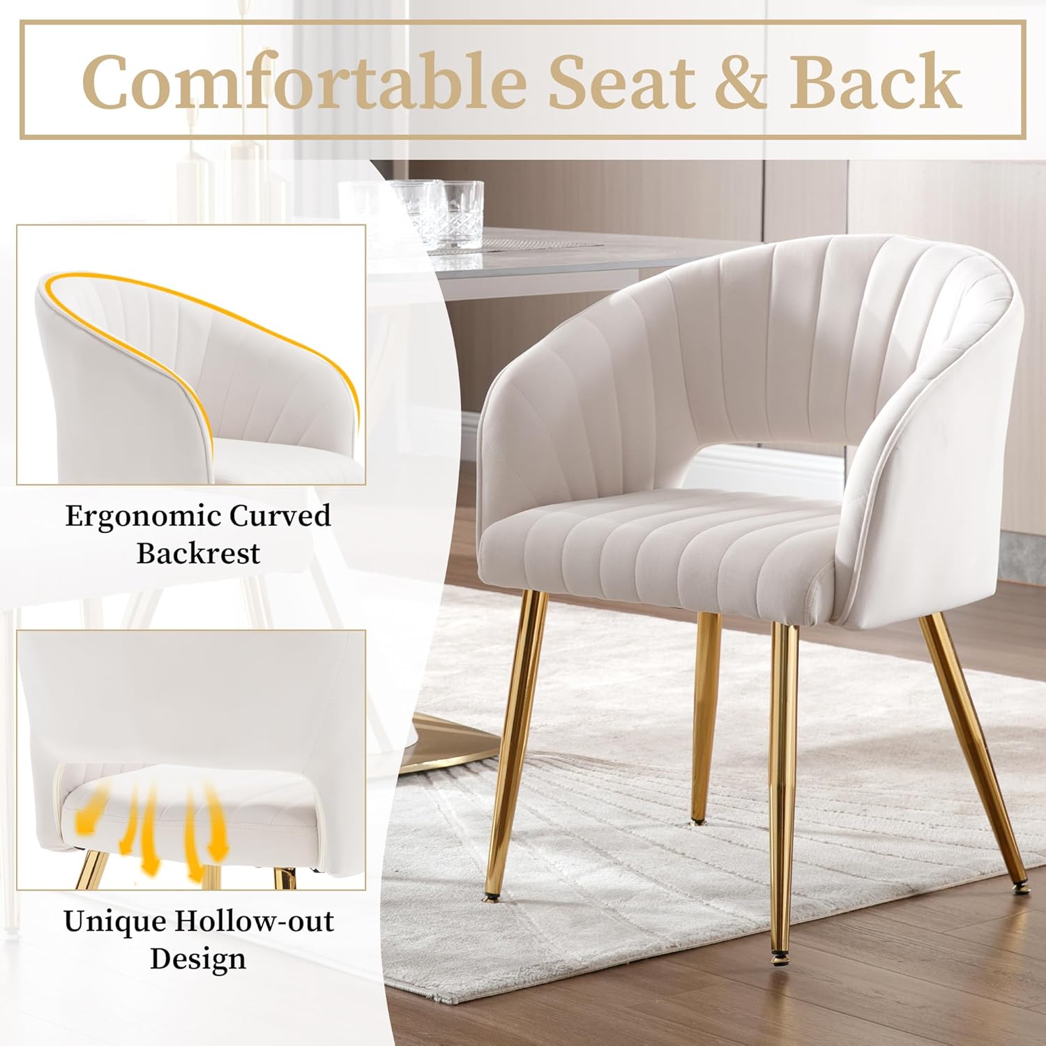 Westice Velvet Home Office Desk Chair Set of 1, Modern Tufted Vanity Chairs with Gold Metal Legs, Upholstered Accent Armchair for Living Room Restaurant, White