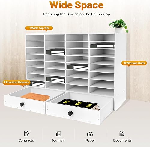 Miniatura 3 de Organizador de literatura ajustable, organizador de 32 compartimentos con 2 cajones, clasificador de archivos de escritorio de PVC, buzón de aula,