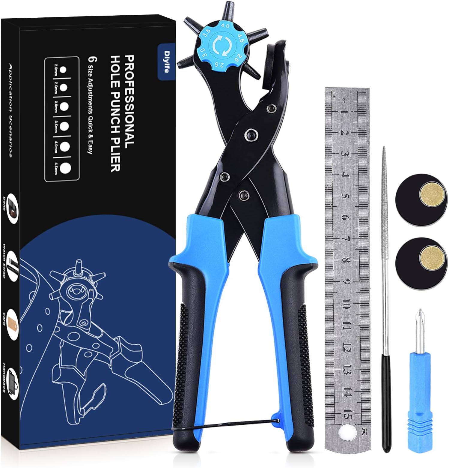 Leather Hole Punch, [Upgraded Version][Perfect Full Set] Diyife Belt Puncher, Heavy Duty Revolving Plier Tool with 2 Extra Plates and Ruler, Multi Sized for Crafts, Card, Rubber, etc, Blue