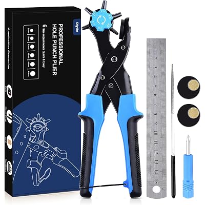 Diyife Professional Leather Hole Puncher, Full Set Punch Tool Kits for Belt, Watch Band, Shoe, Crafting, Handbag Straps, Fabric, with Extra Punch Plates and Ruler, Multi Hole Sizes Make - Blue