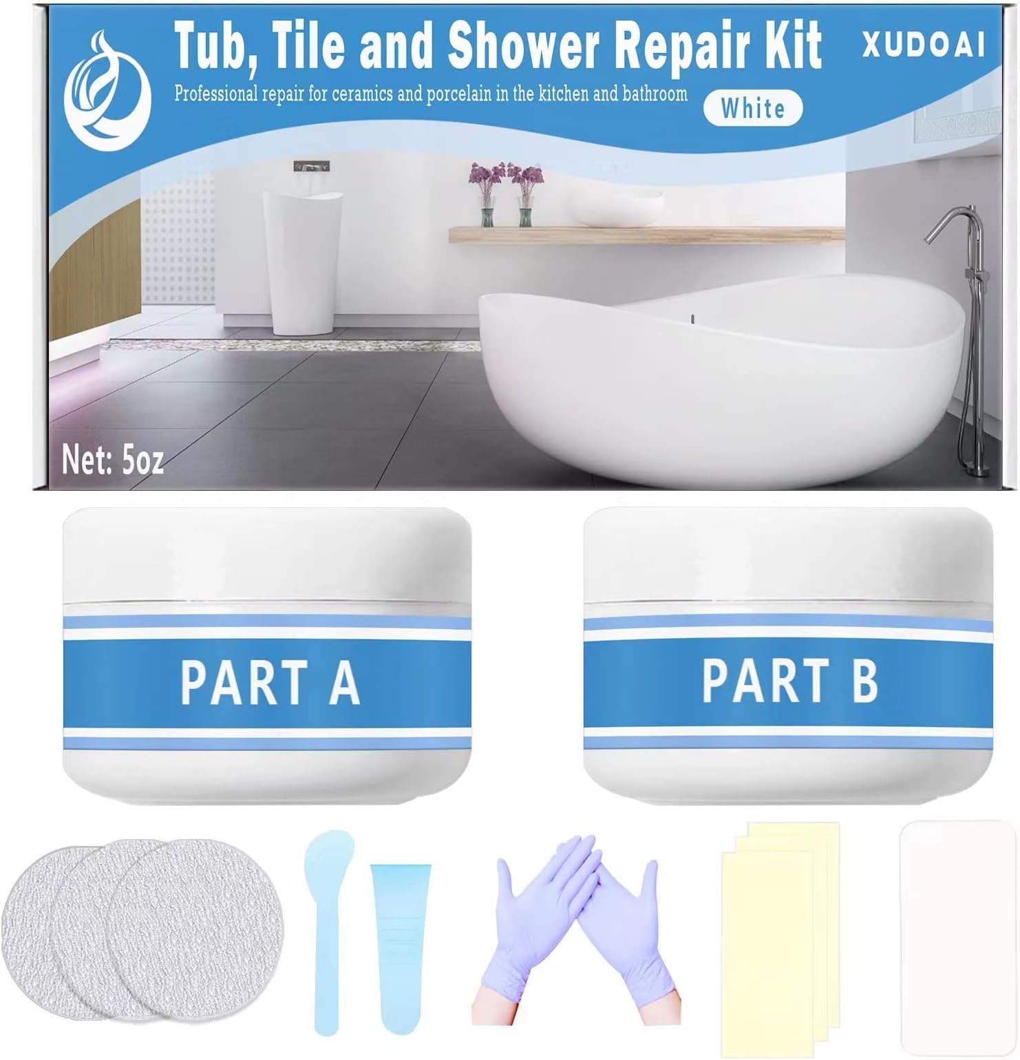 Kit Reparación Porcelana Baño Y Cocina - Rellena Grietas En Azulejos, Fregaderos Y Platos De Ducha - Incluye Pasta Blanca Y Accesorios