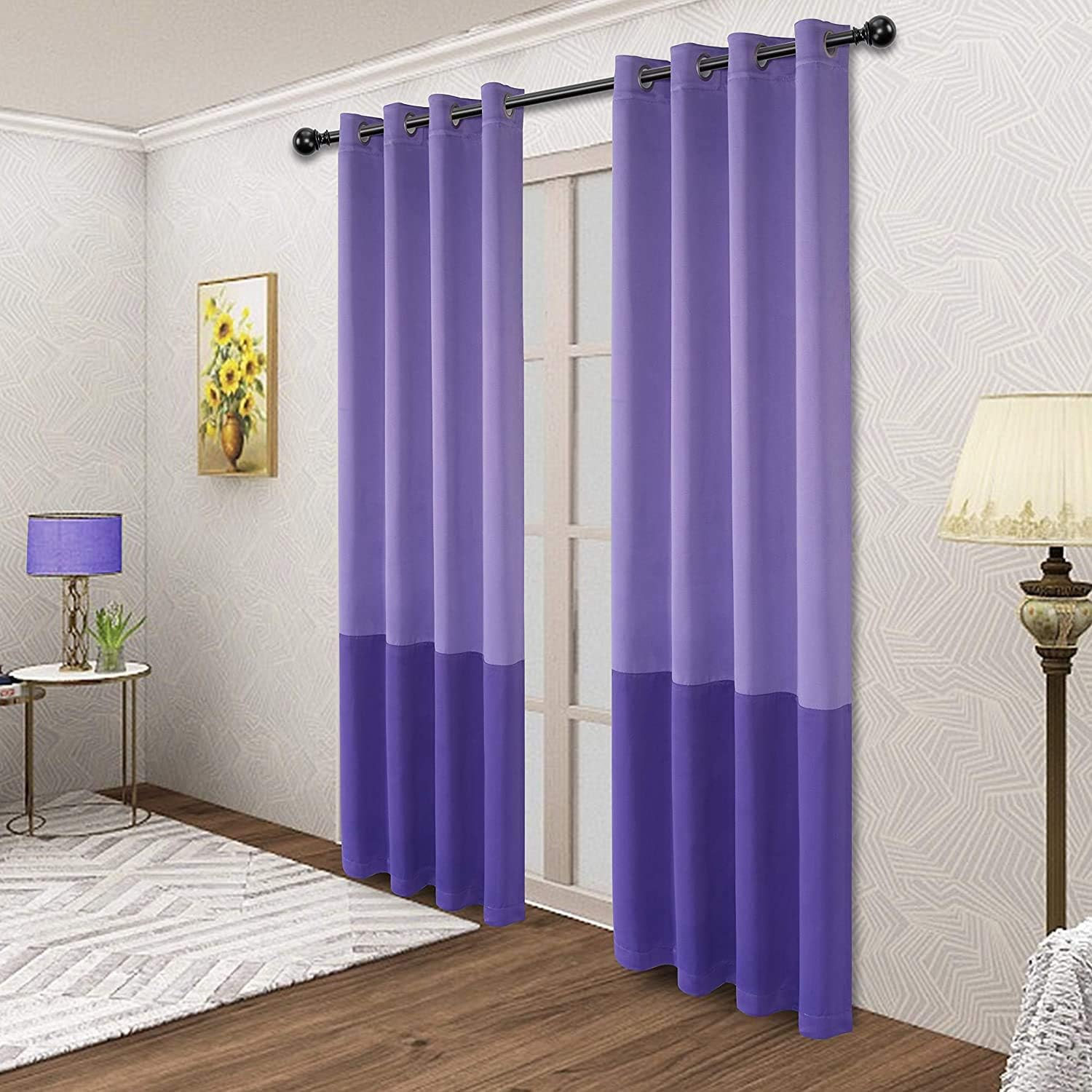 LORDTEX Color Block Blackout Curtains for Bedroom – Insulated Thermal Curtains, Noise and Sun Light Blocking Grommet Window Drapes for Living Room, 52 x 84 Inch, Lilac/Purple, Set of 2 Panels