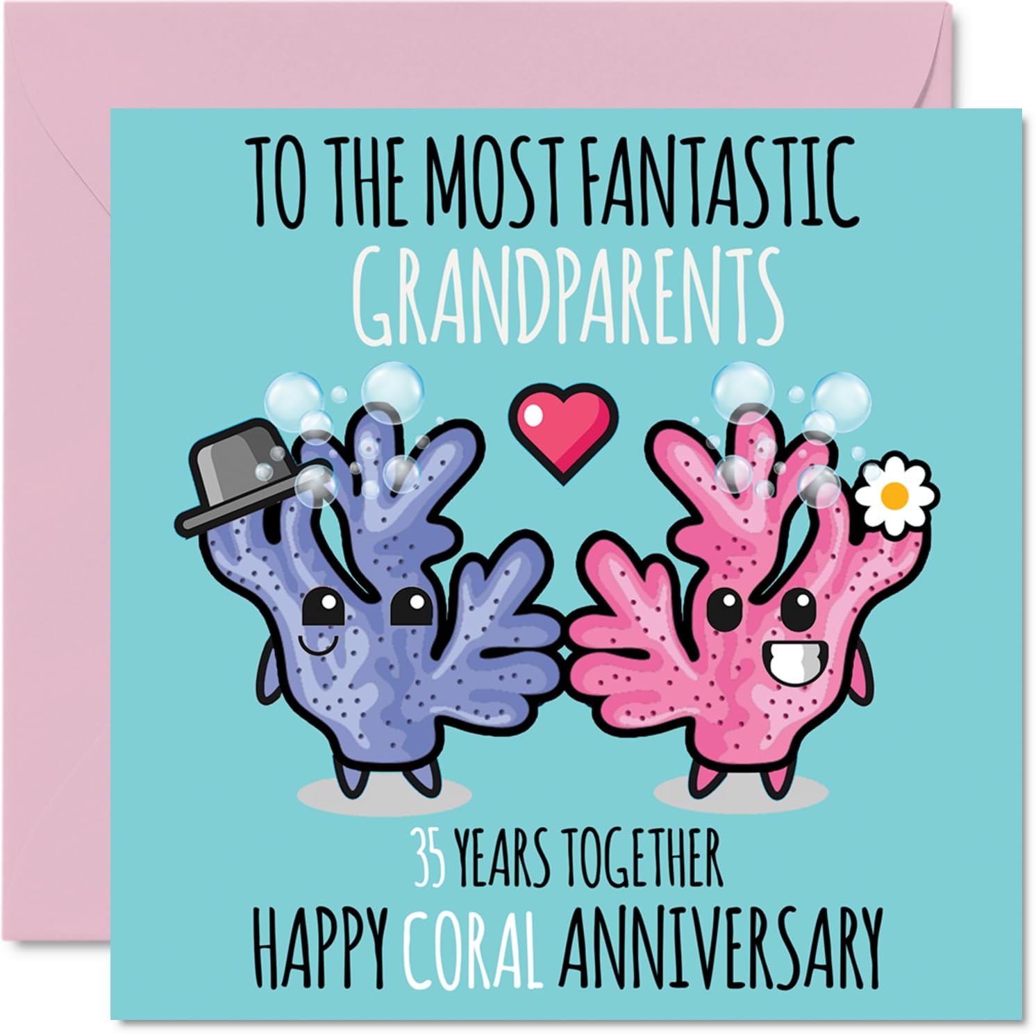 Cute Coral Anniversary Card for Grandparents - 35 Years Together - Happy 35th Wedding Anniversary Cards for Nanny Grandad Grandma, 145mm Greeting Cards Anniversaries