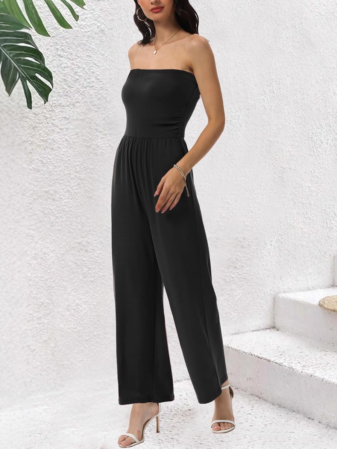 Women’s Tube Top Jumpsuits Strapless Belted Wide Leg Bustier Jumpsuit Backless Baggy Long Pants Rompers with Pockets - Image 4