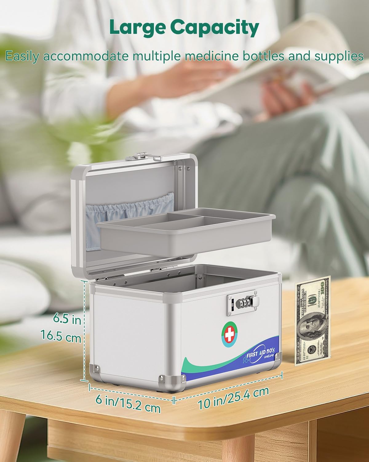 uniclife medicine lock box first aid box with combination lock & handle portable medication metal lockable medicine storage box security lock box for medications, 10" x 6" x 6.5" silver, combo lock 10 inch