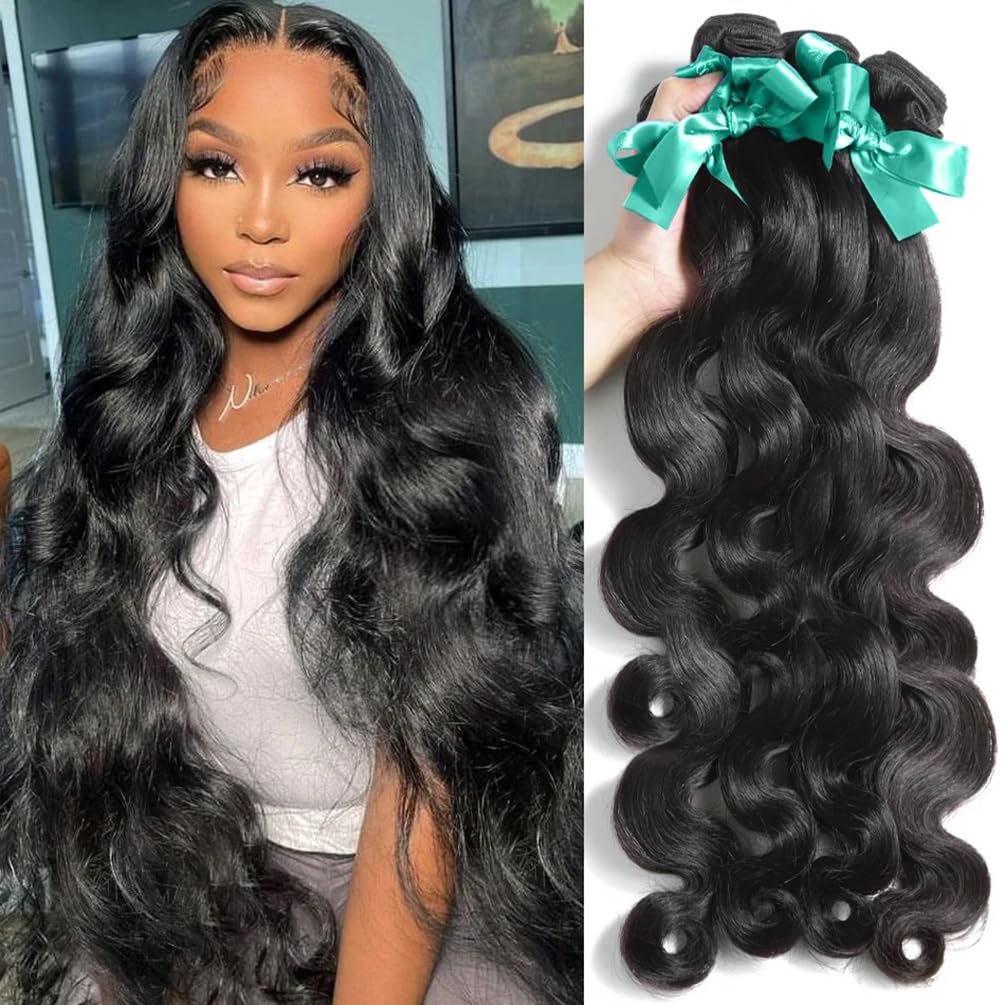 Human Hair Bundles Body Wave Brazilian Virgin 12A Grade (24 26 28)100% Unprocessed Human Hair Extensions Body Weave 3 Bundles Deals Double Weft Human Hair Natural Color for Black Women