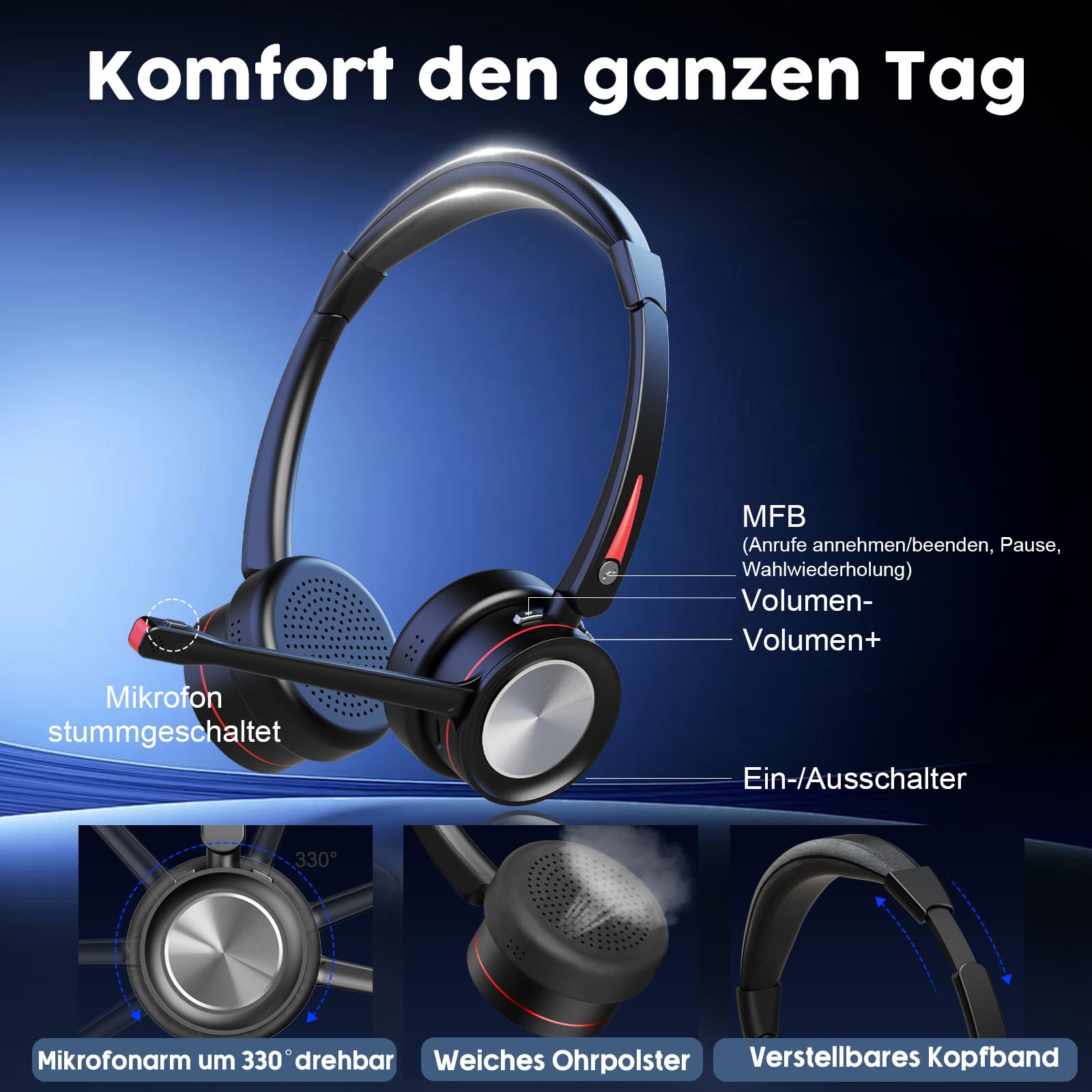 Bluetooth Headset mit Mikrofon Noise Canceling, Wireless Headset mit Ladestation & USB Dongle, Stummschaltung, 40 Stunden Anrufe, Kabellose PC Kopfhörer für Callcenter, Büro, Zoom, Teams