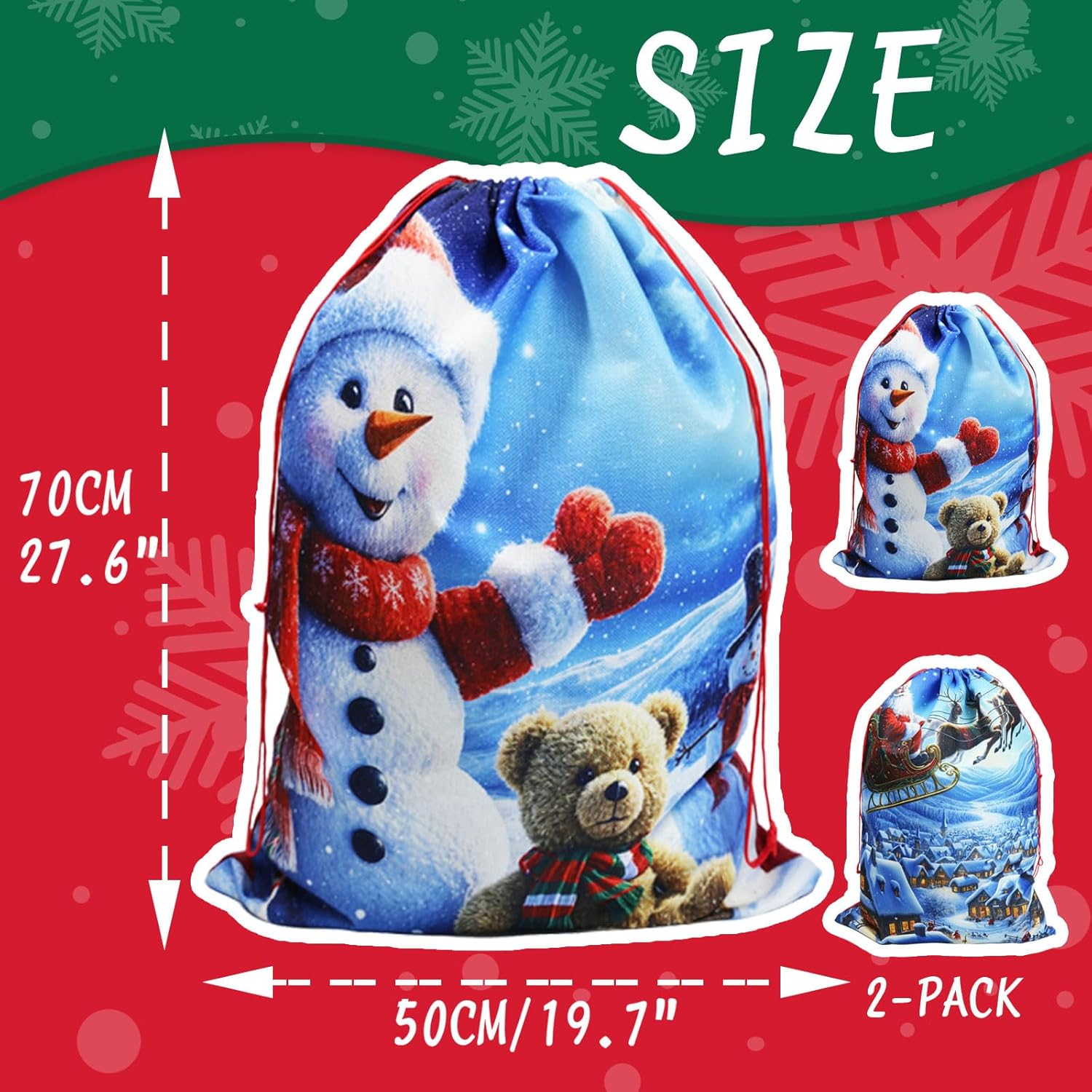 PerFest 2 Pack Large Christmas Sacks, 19.7''x27.6'' Burlap Linen Gift Bags with Drawstring. (Santa Sleigh & Snowman Bear) - Image 2