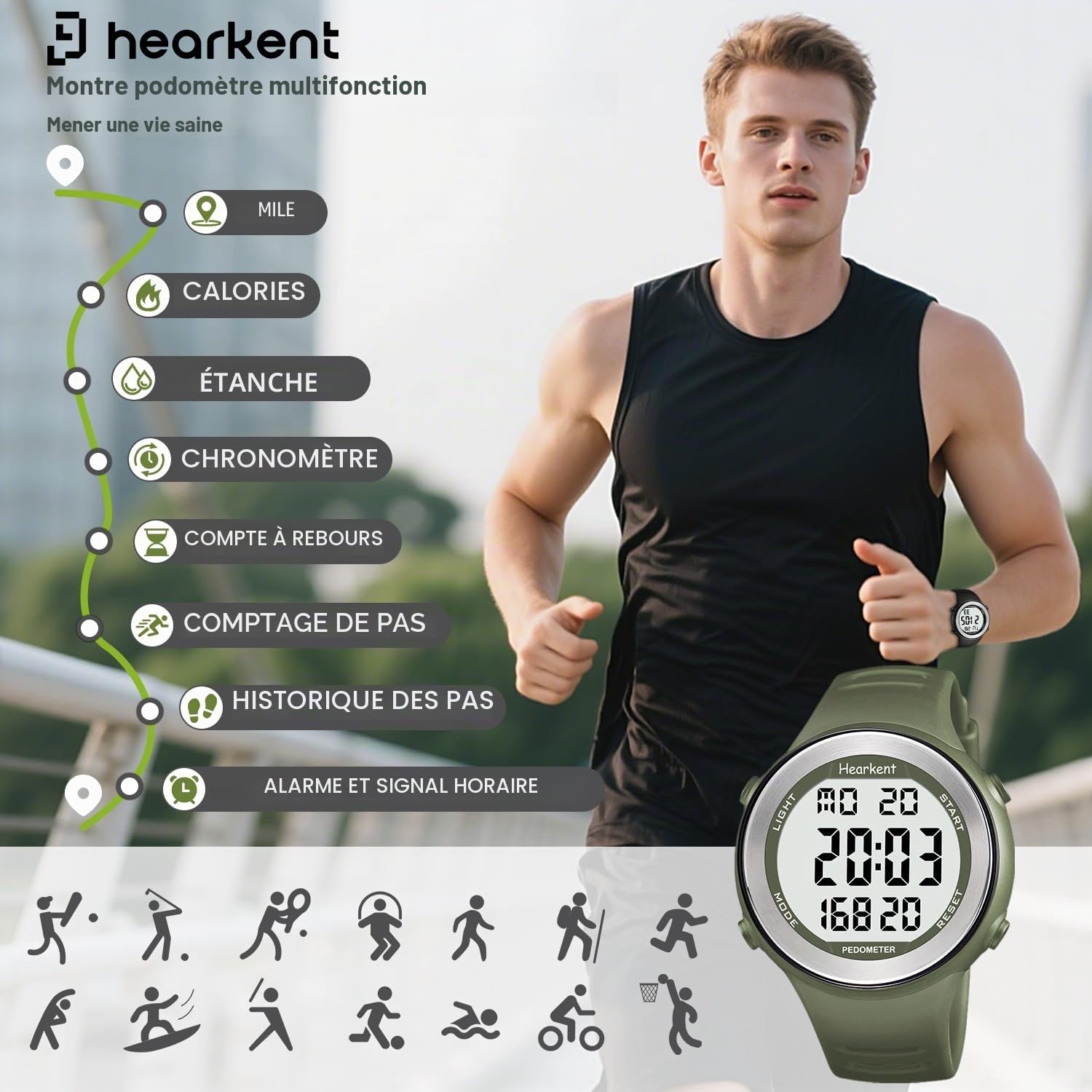 Hearkent Montre podomètre étanche avec compteur de pas, calories | Pour personnes âgées sans Bluetooth, pas besoin d'application, grands numéros LCD (vert)