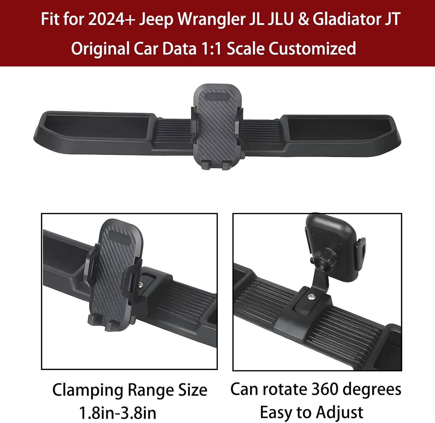 LIUQING Car Phone Mount Holder, 360° Rotating for Jeep Wrangler JL/JLU & Gladiator JT 2024-2025 | Dash Storage Tray Accessory with ABS Material | No-Drill Installation (Excludes 4XE Models)