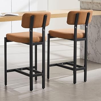 LukeAlon PU Leather Counter Stools Set of 2, Modern Upholstered 26" Seat Height Barstools with Metal Legs Curved Back Kitchen Island Stools for Home Bar, Brown