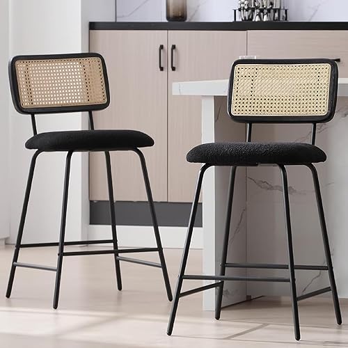 ZSARTS Juego de 2 taburetes de bar de ratán negro, taburetes de bar de tela Boucle de 26 pulgadas con respaldo de bastón, sillas de bar de mimbre