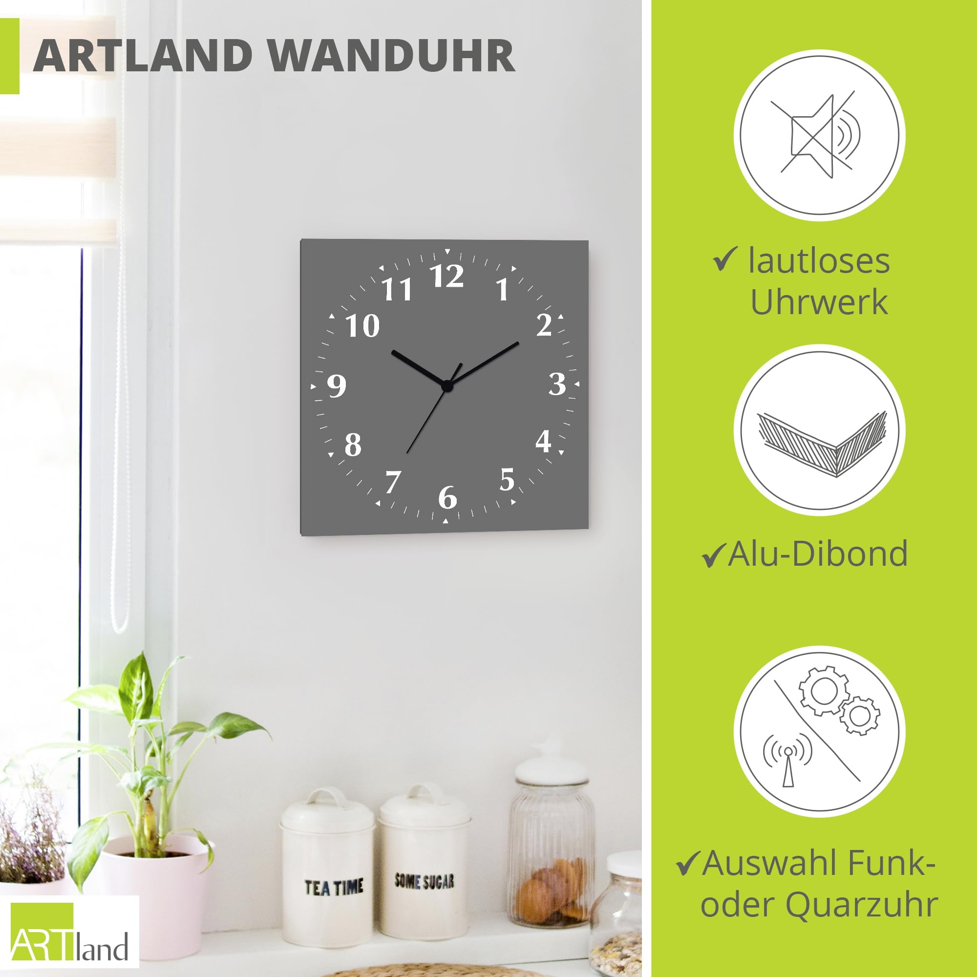 ARTLAND Wanddeko Wanduhr ohne Tickgeräusche Alu Funkuhr 30x30 cm Quadratisch Lautlos 12 Ziffern Farbig Schlichtes Design Grau S7KC