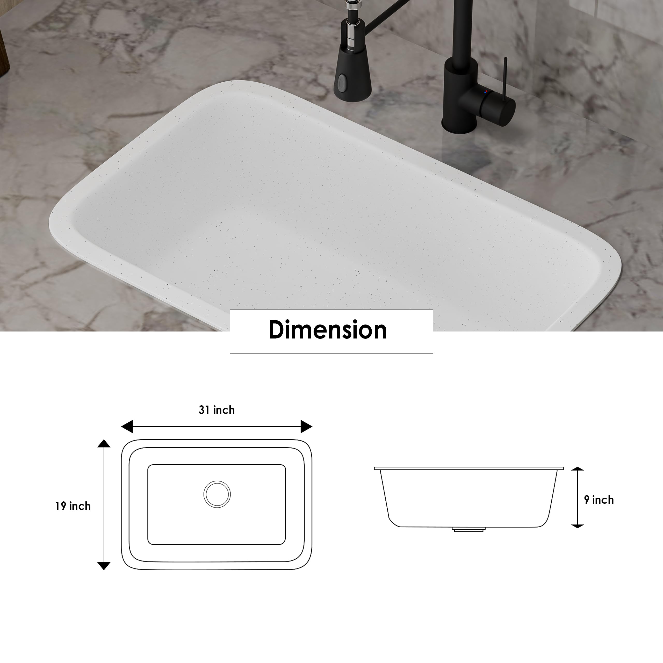 HISRE Quartz Single Bowl Kitchen Sink with Round Corners | 31x19x10 Inches | Noise Reducing Durable Easy to Clean Scratch Resistant Kitchen Sink for Modern Homes | White, photo 5 of 5