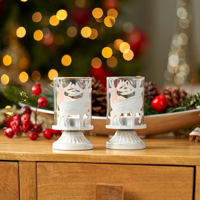 Reindeer Tealight Holders  Set of 2 Antique Pillar Candle Holders  Eye-Catching Room Decor  Unique Centerpiece for your Fireplace or Table  Tealight Candle Holders with Removable Glass