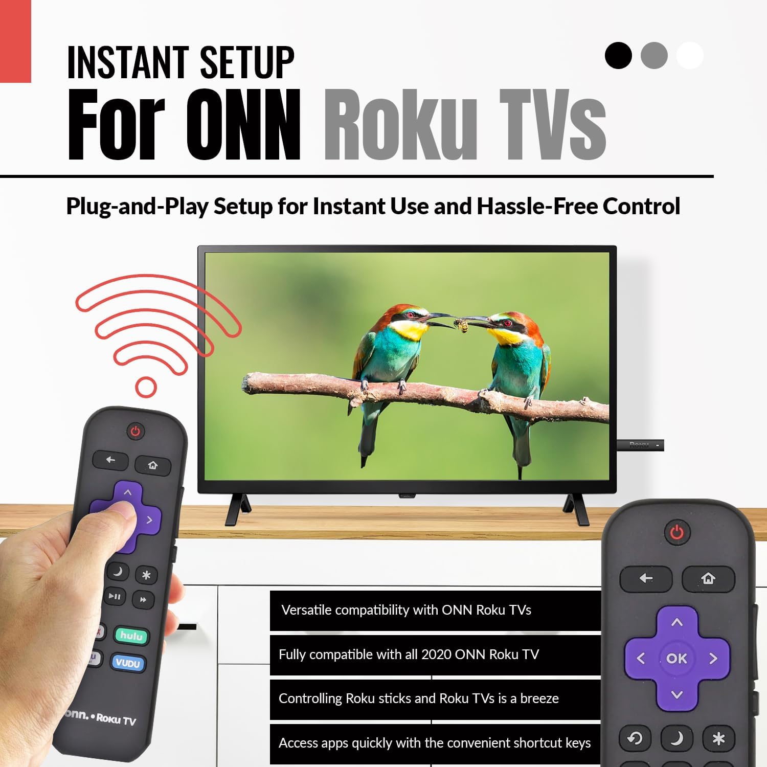 A hand holding the remote control with a TV displaying content in the background, showing wireless signal waves.