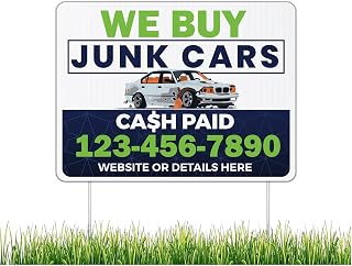 10-Pack Custom We Buy Junk Cars Yard Signs – 16.5x22 Inches – Two-Sided Print – Waterproof Corrugated Plastic – Includes Stakes