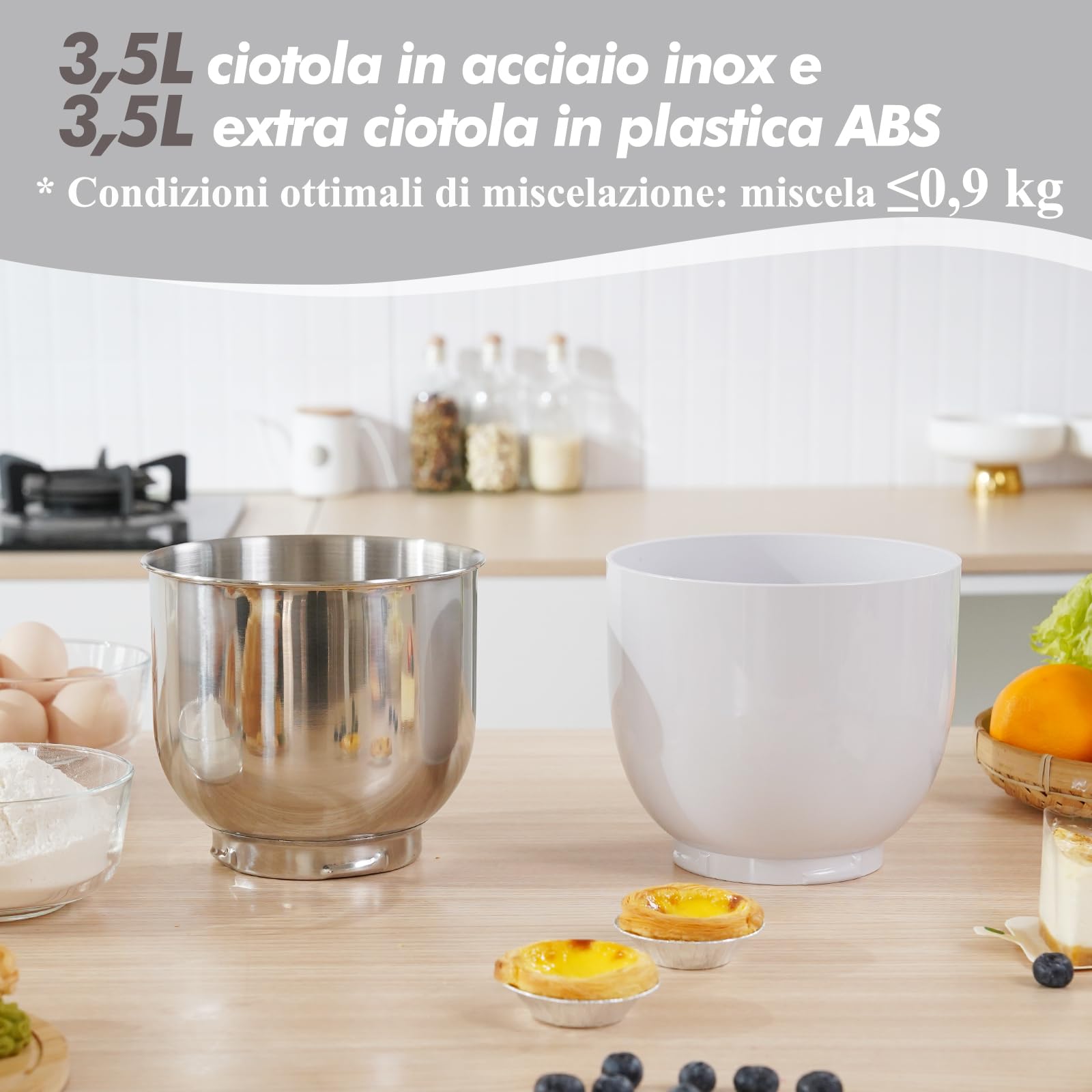 Kitchen in the box Impastatrice Planetaria, 2 Ciotole 3.5L Piccolo Planetaria Professionale, 10 Velocità Impastatrice Pizza con Uncino Impastatore, Mescolatore, Frusta Sbattitric (Bianco Ghiaccio)