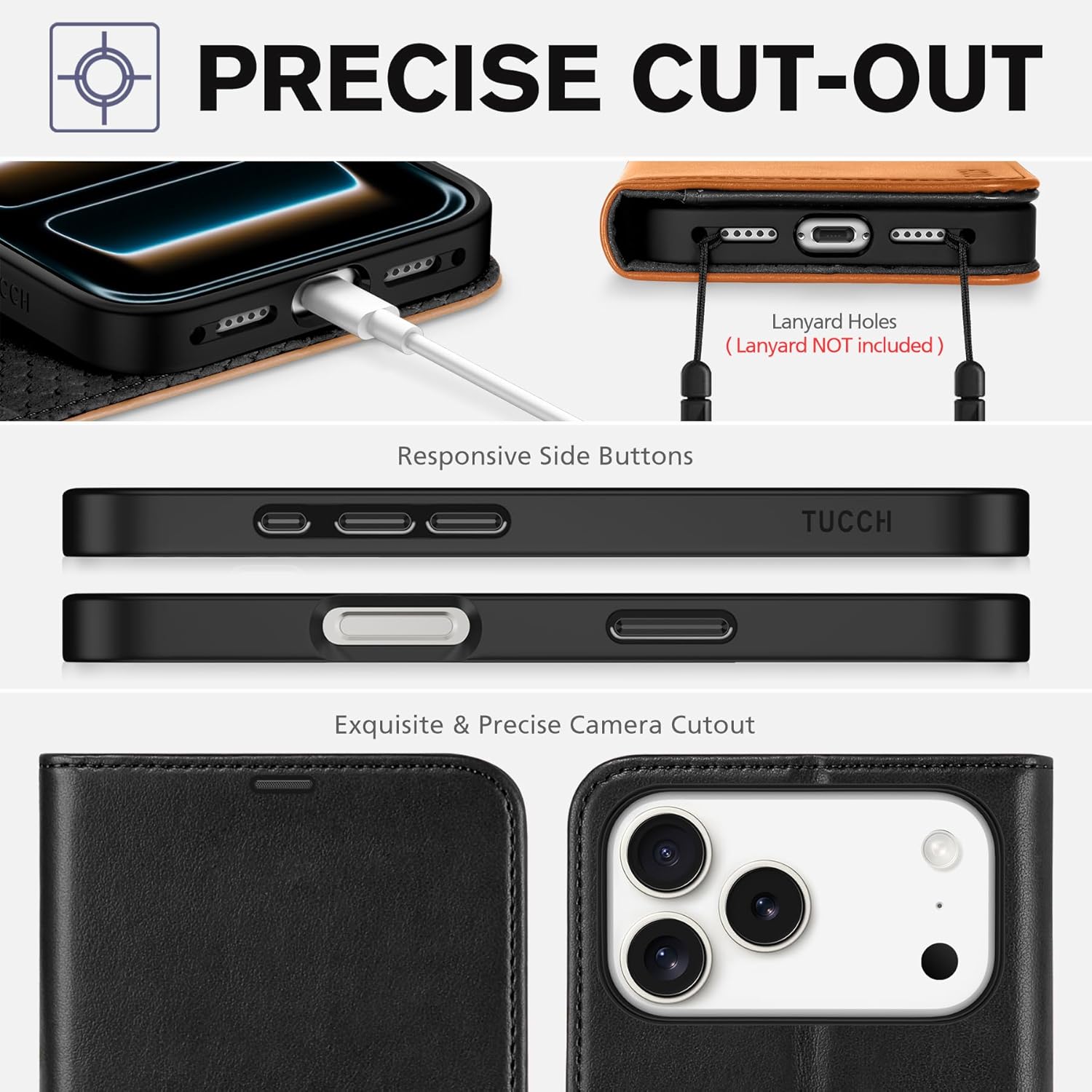 TUCCH Wallet Case for iPhone 17 Pro Max (6.9") 2025, RFID Blocking 4 Card Slots, Kickstand, Shockproof TPU Shell, PU Leather, Magnetic Closure, Protective Flip Folio Cover, Black & Brown