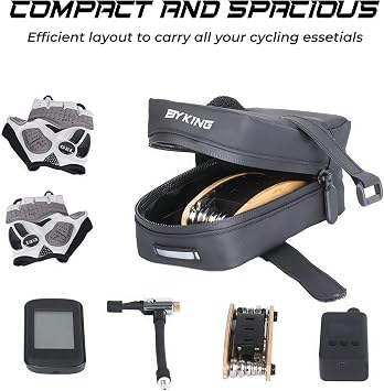 Byking Bike Saddle Bag Small, Compact Cycling Bag (Heavily Discounted Due to Logo Being Placed Upside Down). Underseat Bicycle Tool Bag for Wallet, Repair Kit and Storage, Bike Packing Essential