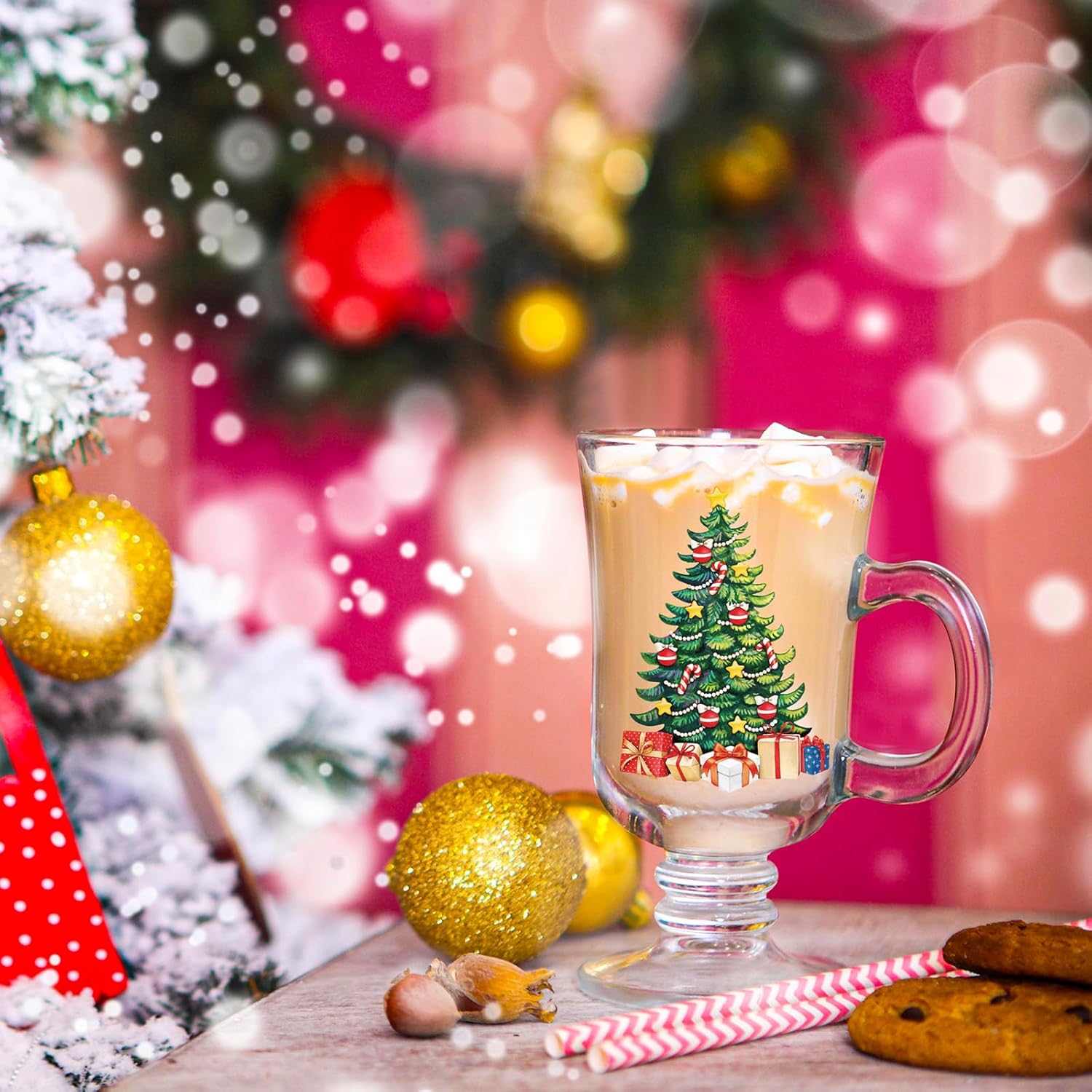 Sliner 6 Pcs Christmas Tree Coffee Mugs Irish Glass Coffee Mugs 8 oz Glass Footed Espresso Cups with Handles, Clear Goblet Mugs Glasses for Coffee, Latte, Cappuccino, Smoothie, Beverages Xmas Gifts