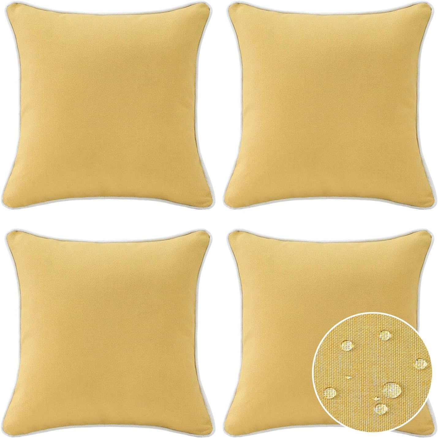 Decorative Outdoor Water Repellent Throw Pillows with Inserts, Set of 4, 18" x18" Pillows for Patio, Backyard, Bed, Couch, and Patio Furniture, Yellow