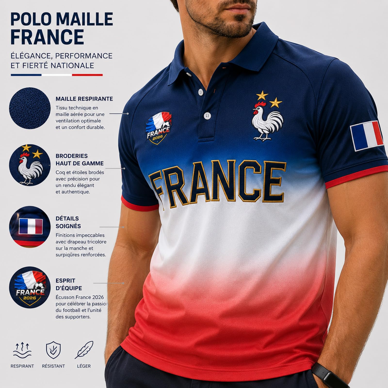 Coupe du Monde de Football Maillot Officiel des Supporters de France – Style Officiel – Confortable, Respirant et décontracté