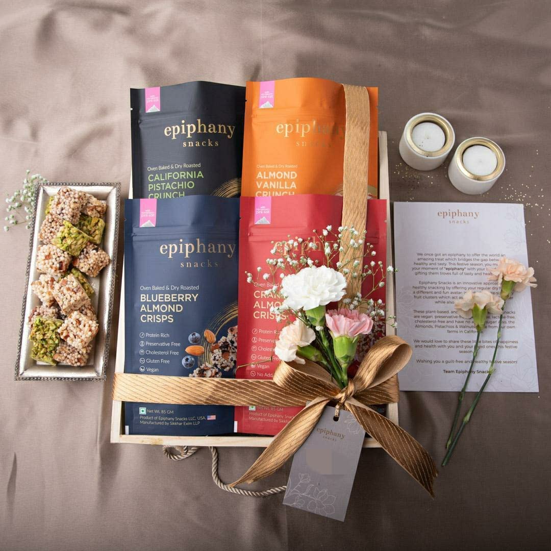 Epiphany Crushed Dry Fruit Energy Bar Snacks Dry Fruits Sugarfree Chikki Bar Festive Hamper Pack of 4 Dry Fruit Snack | Almond Vanilla Crunch, Cranberry Almond Crisps, Blueberry Almond Crisps, California Pistachio Crunch | Healthy Food Hamper | Each Pack 85 Gram-image-15