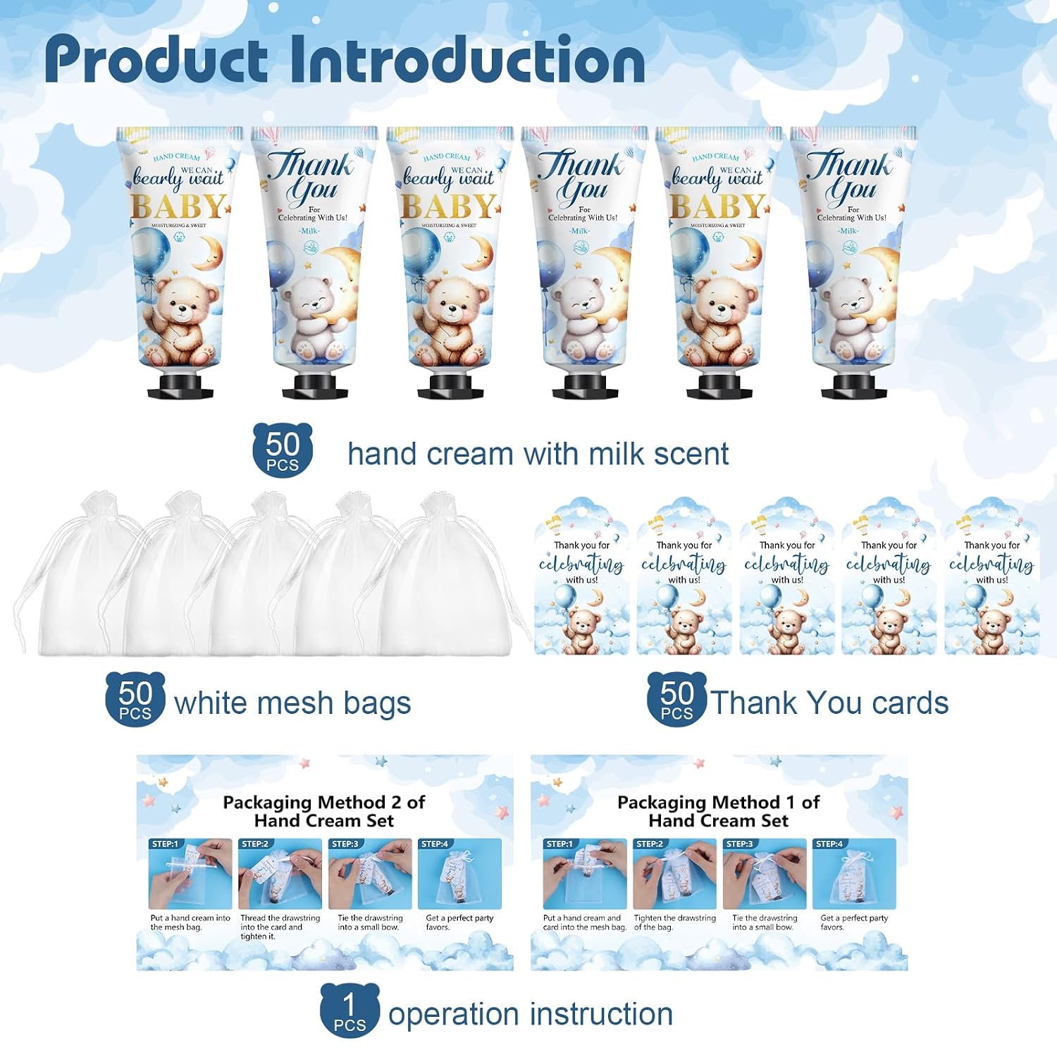 50 Pack Baby Shower Bulk Hand Cream Gifts Sets, Bridal Shower Favors and Baby Shower Favors for Guests with Thank You Card and Organza Gift Bags, Appreciation Gifts and Wedding Shower Favors (Bear)