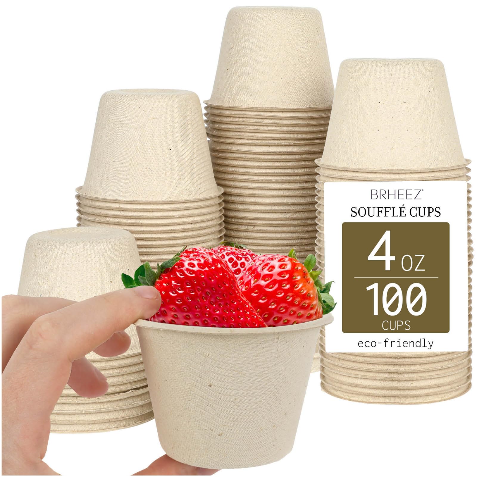 brheez 4 oz - Pack of 100 Disposable Bagasse Fiber Souffle Cups 100% Natural, Biodegradable & Compostable Perfect for Condiments, Small Portion & Samples Eco Friendly Paper Alternative - Natural