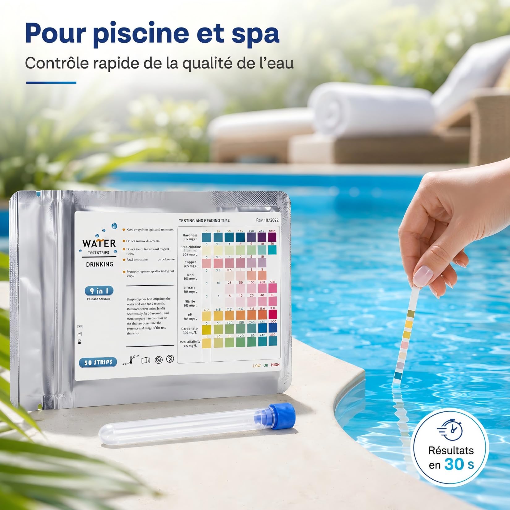 Lot de 50 Bandelettes de Test 9 en 1 pour Piscine et Spa, Bandelettes Analyse pH Chlore Nitrites Dureté de l'Eau, Convient pour Eau Potable Aquarium, Livré avec 1 Tube à Essai Offert