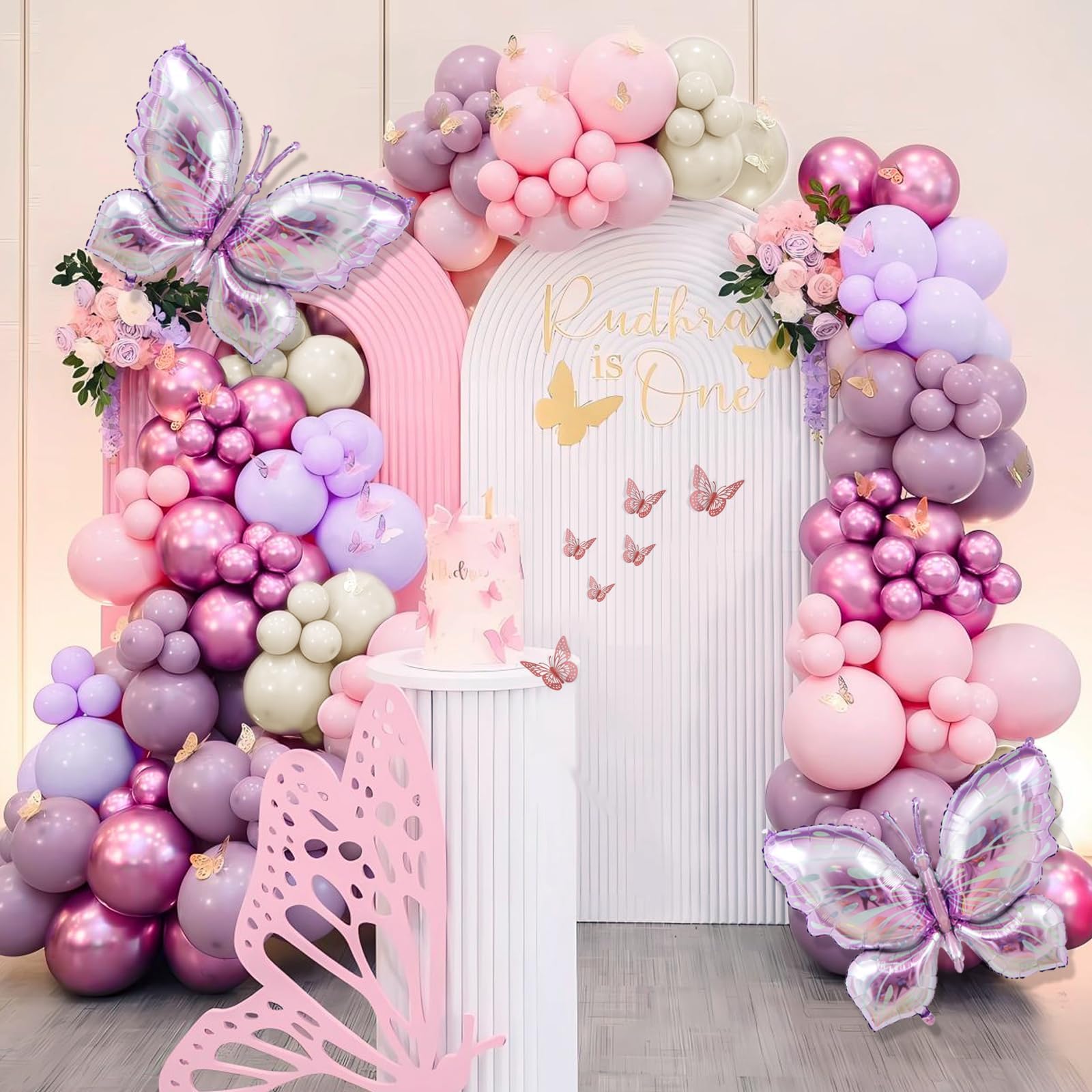 KASTWAVE Pink & Purple Butterfly Balloon Arch Kit, 142pc Set with Large Foil Butterfly, Stickers for Girls - Ideal for Lavender Theme Baby Shower, Wedding & Birthday Party Decor