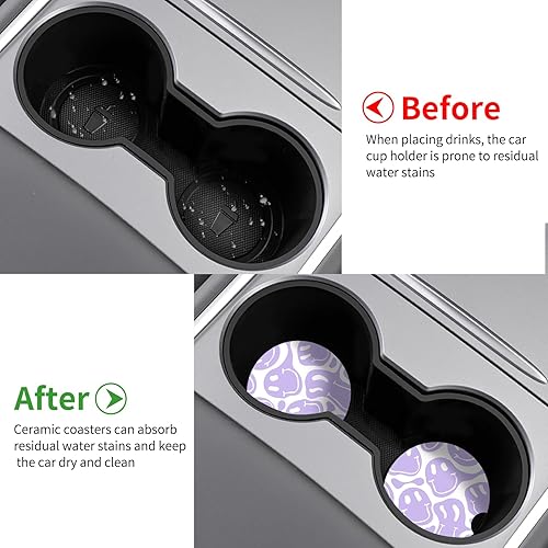 Miniatura 5 de Watbro Posavasos para automóvil, morado sonriente, absorbente, paquete de 2 para portavasos con muesca para los dedos, cerámica de 2.56 pulgadas,