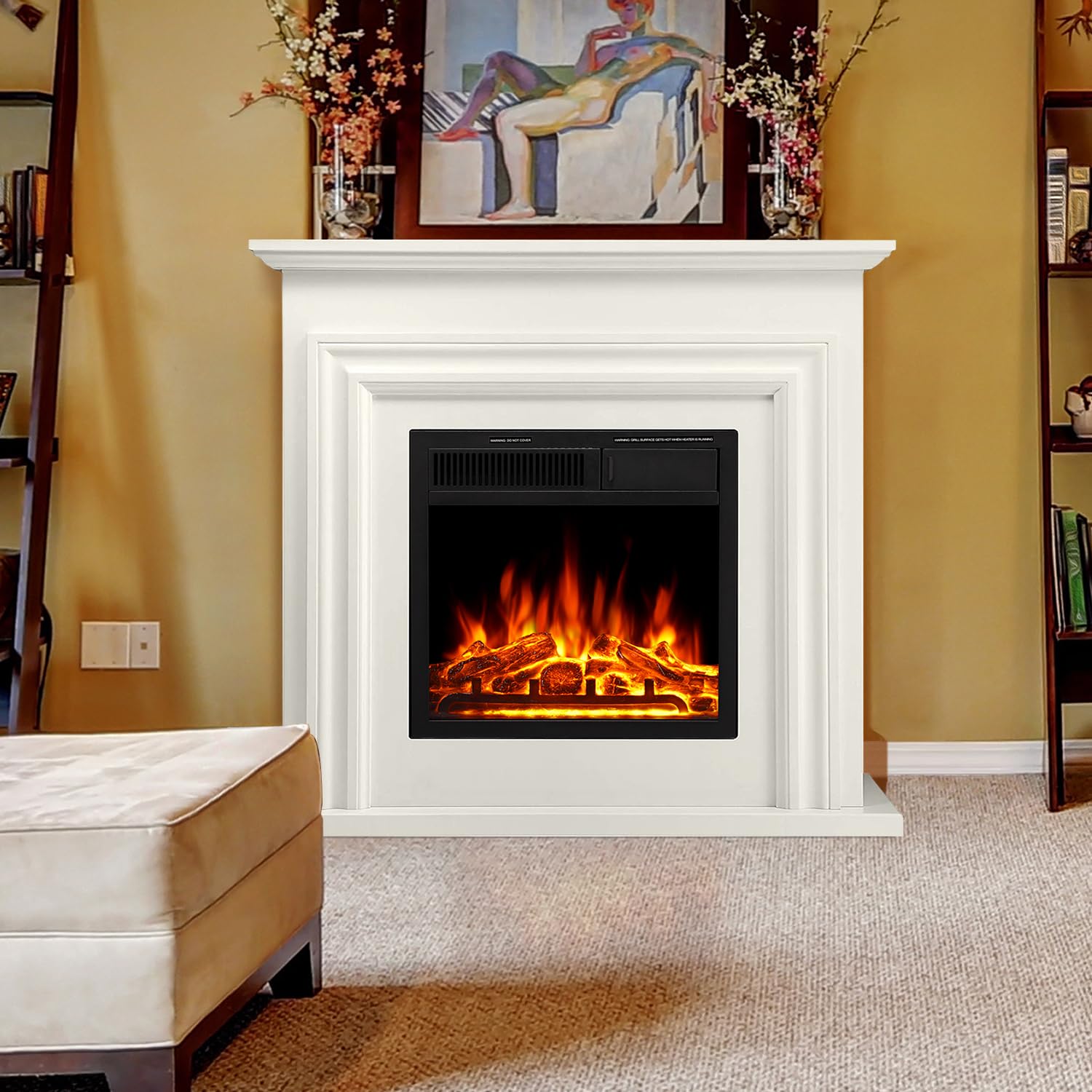 36” Electric Fireplace Mantel Freestanding Electric Fireplace, Remote Control, Adjustable Led Flame, 750W/1500W Cream, Cream, 36''