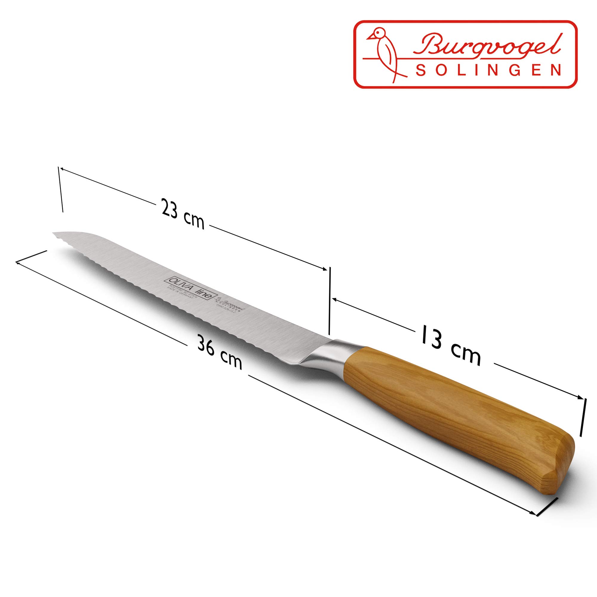 Burgvogel Solingen Brotmesser 23 cm geschmiedet Olivenholz, Oliva Line, Wellenschliff, rostfrei, hell, scharf, braun beige, 6990.926.23.2
