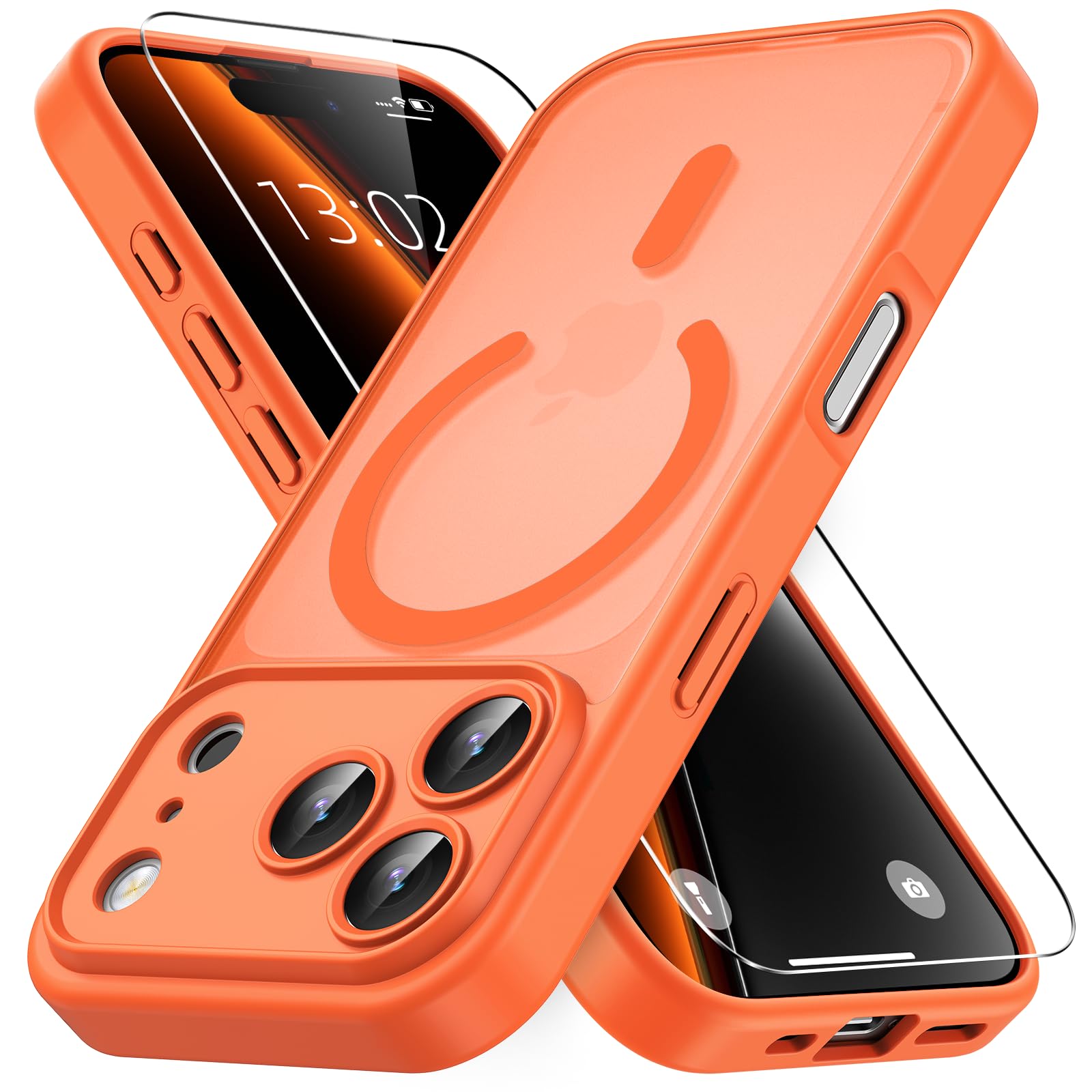 Vansdon Cover Magnetica per iPhone 17 Pro Max con 1 Pezzi Vetro Temperato, Compatibile con Magsafe, Protezione anticaduta di livello militare, Custodia Traslucida Opaca Sottile Antiurto-Arancia