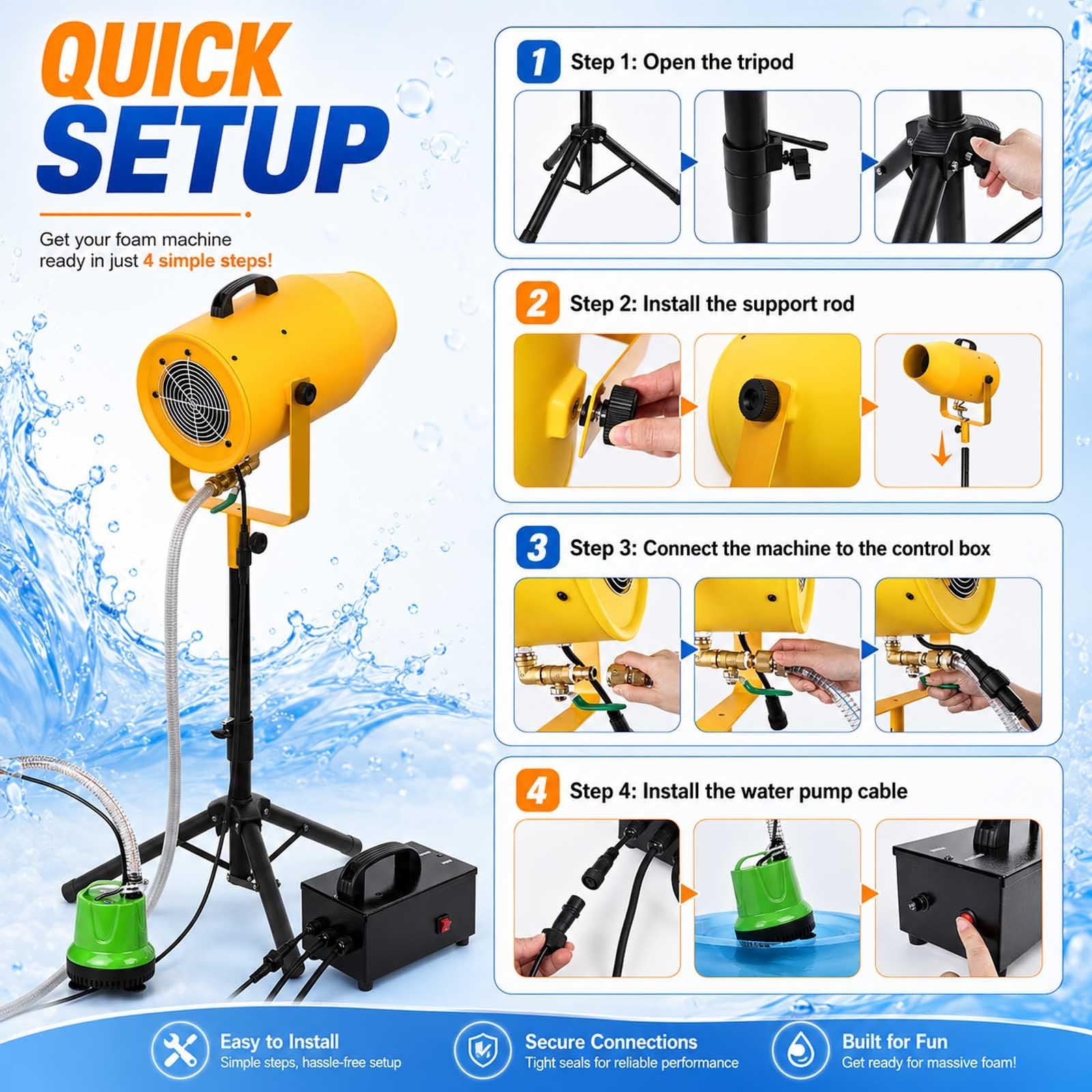 Macchina per Schiuma 1000 W, Cannone Schiuma per Feste con Treppiede Regolabile, Generatore di Schiuma Portatile per Party in Giardino, Piscina ed Eventi all’Aperto Yellow