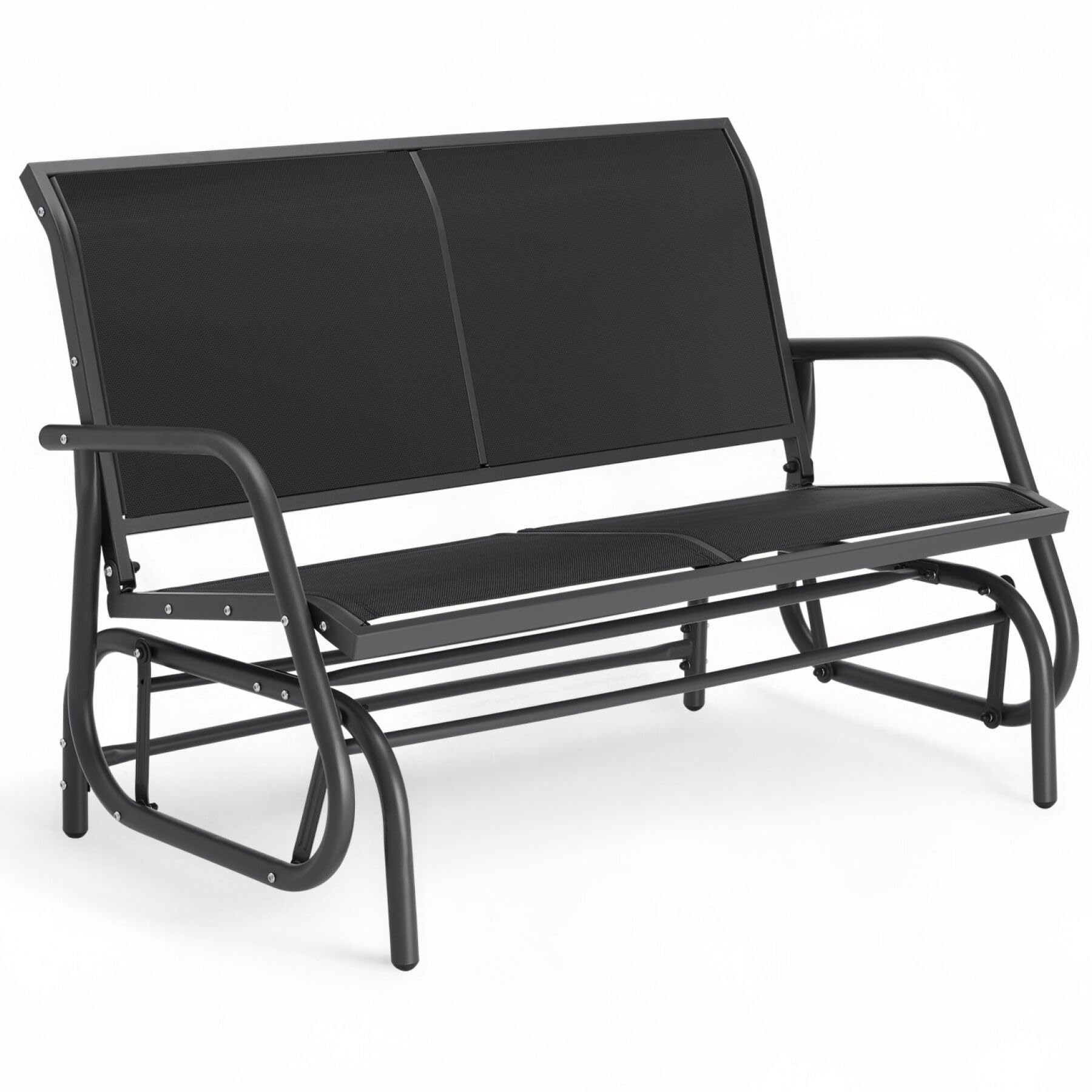 tectake® Panca da Giardino con Meccanismo Basculante, Panchina da Esterno a Dondolo 2 Posti, Telaio in Acciaio Verniciato, Panca con Schienale, 121 x 72 x 86,5 cm - Nero