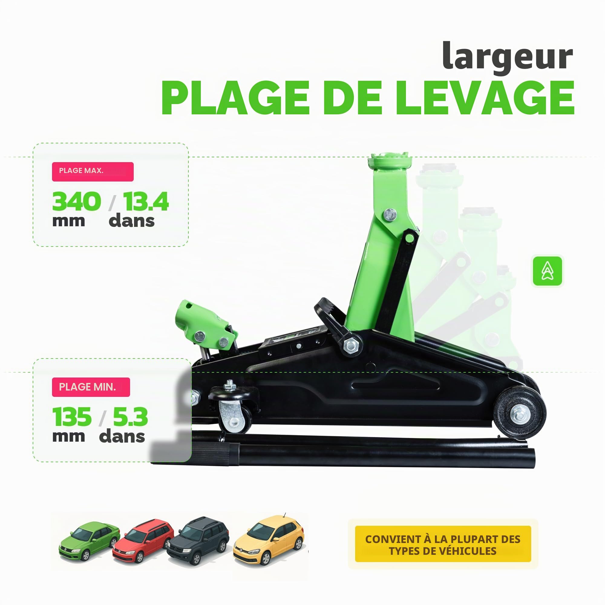 Cric roulant hydraulique de 2 tonnes avec étui de transport – Plage de levage de 13,5 à 34 cm – Cric de voiture compact et robuste pour voitures et SUV – Outil fiable de 2000 kg pour
