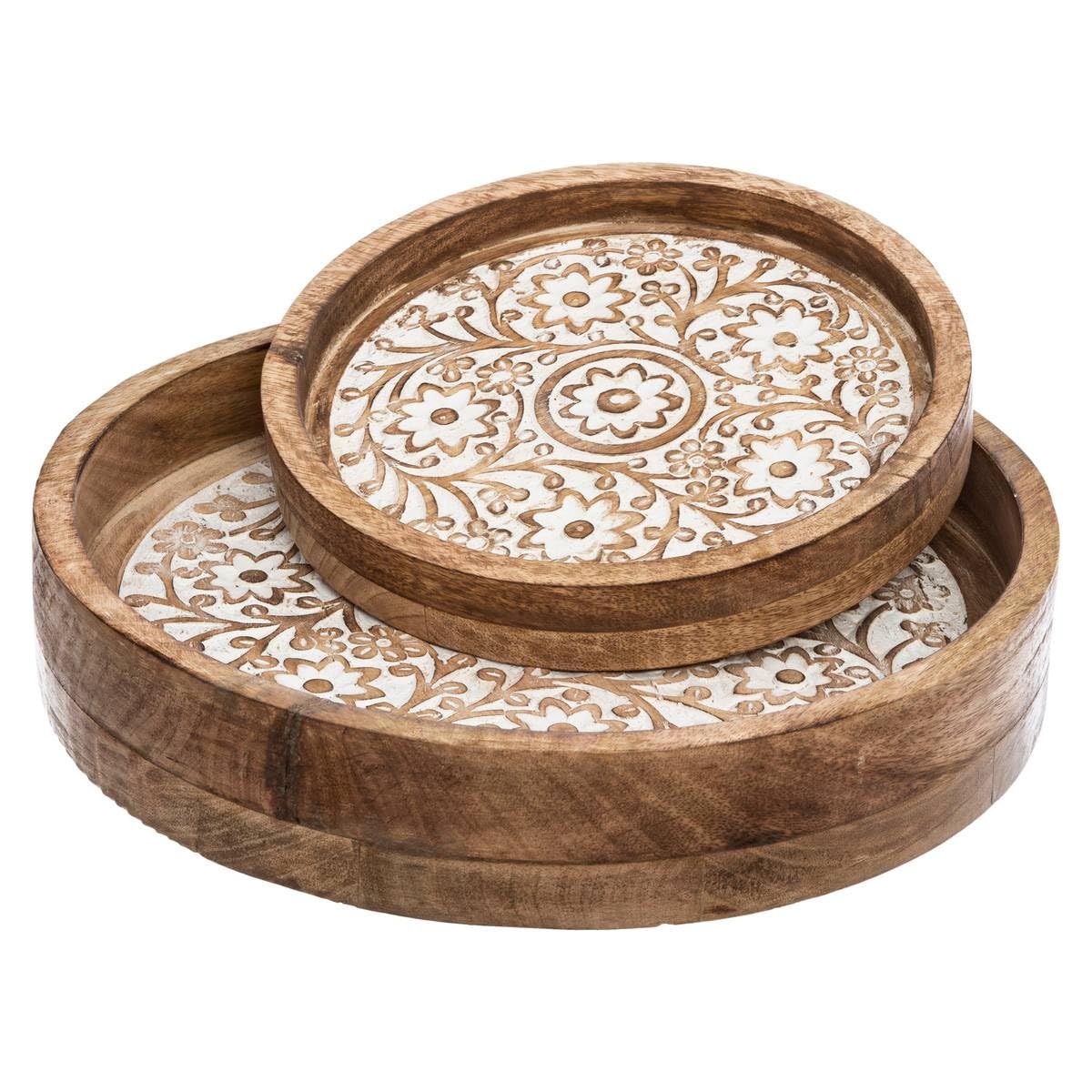 Lot de 2 Plateaux Ronds sculptés et Blanchis en Manguier - Atmosphera